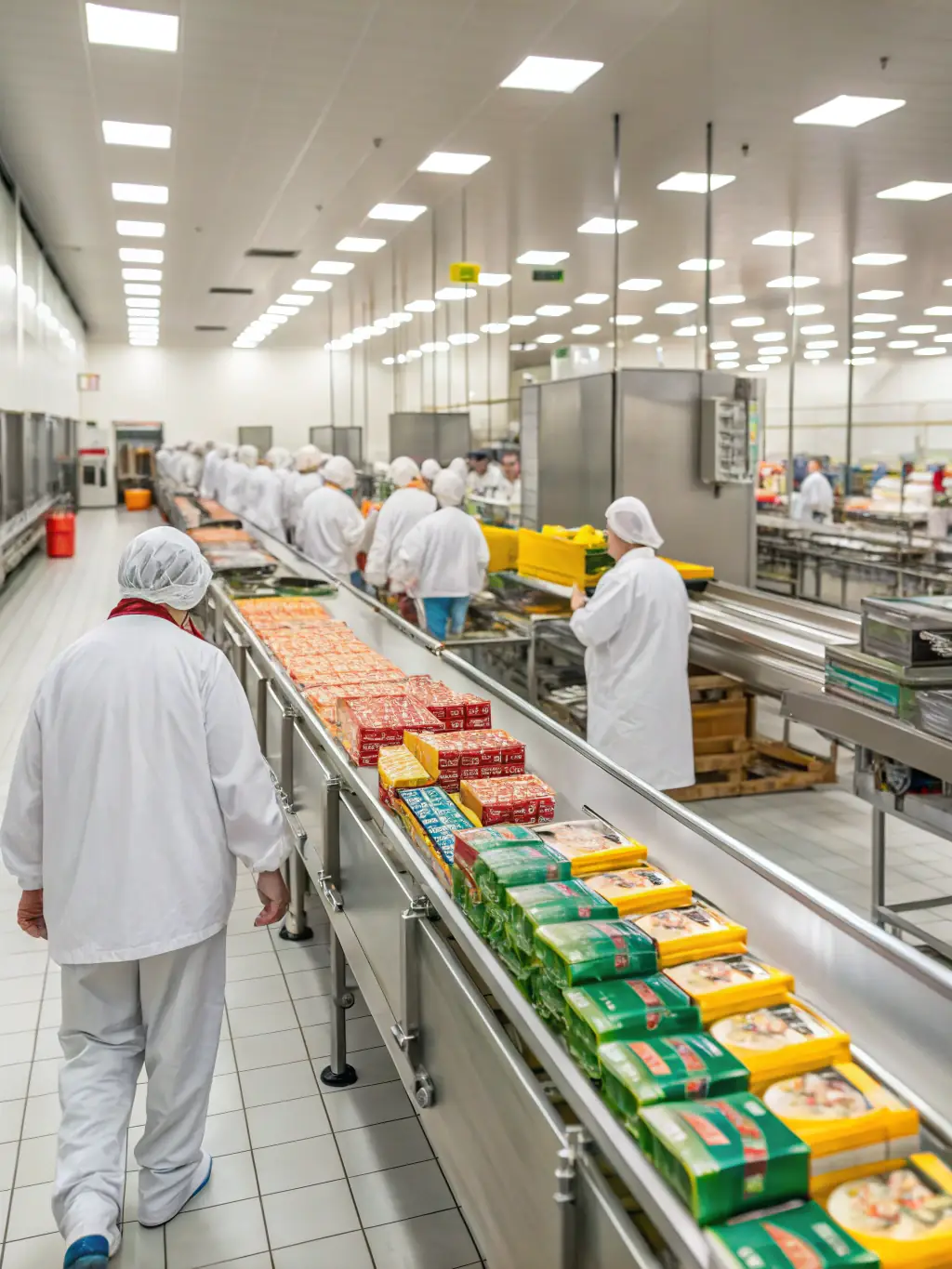 A wide shot of a bustling food processing plant with workers overseeing the packaging of various food products, emphasizing hygiene and efficiency.