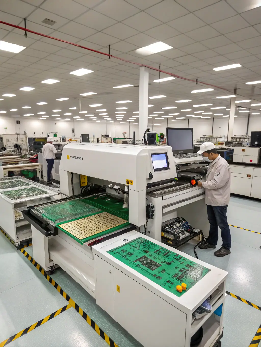A panoramic view of a large electronics manufacturing facility with circuit boards and electronic components being assembled, showcasing technological advancement.