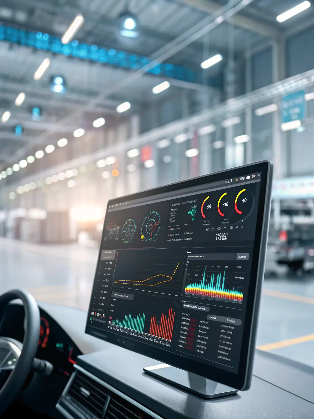 A digital display showing data analytics and process automation in a modern manufacturing plant, representing digital transformation.