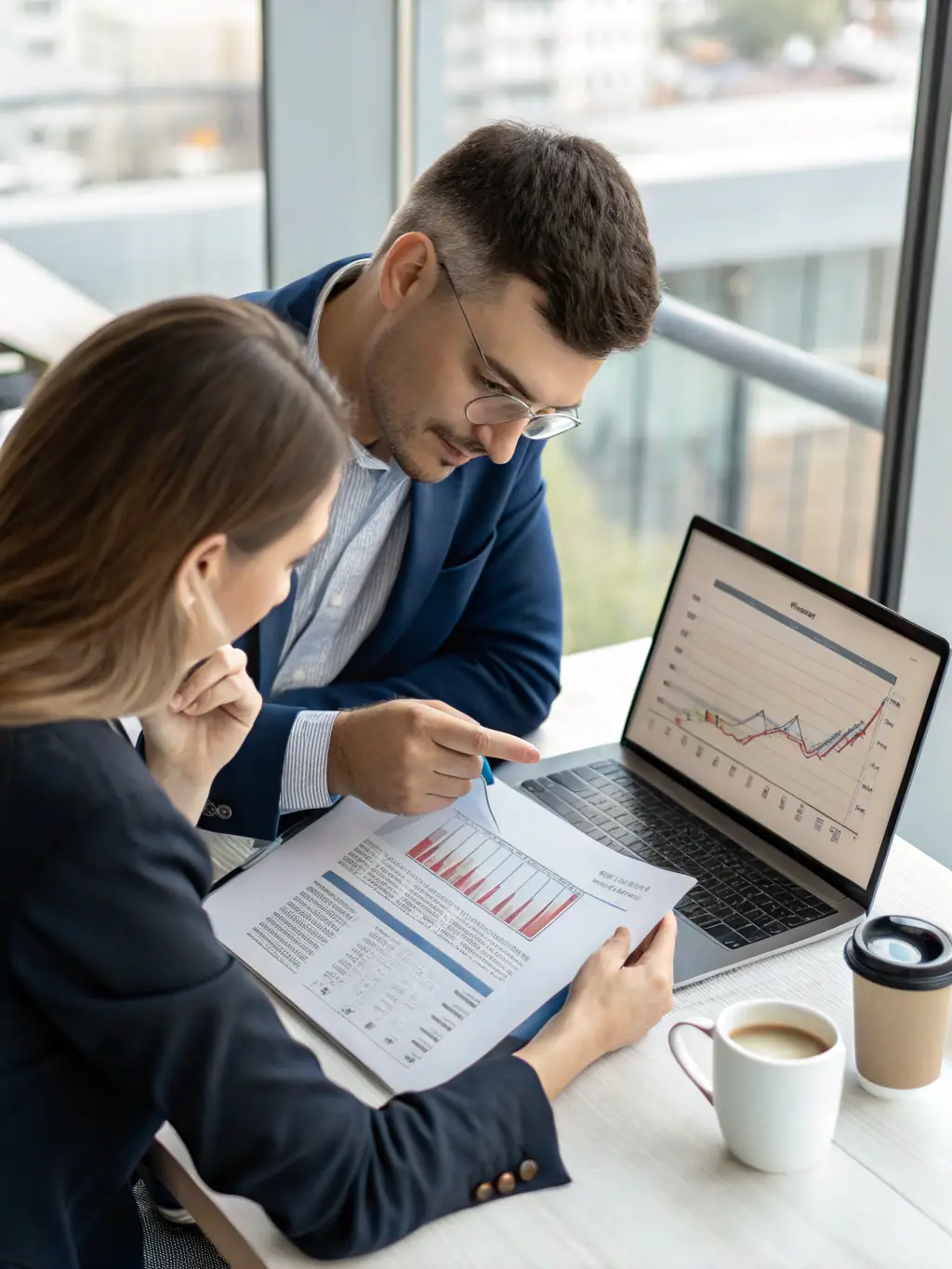 A consultant reviewing financial documents with a client, showcasing financial consulting services for manufacturing businesses.
