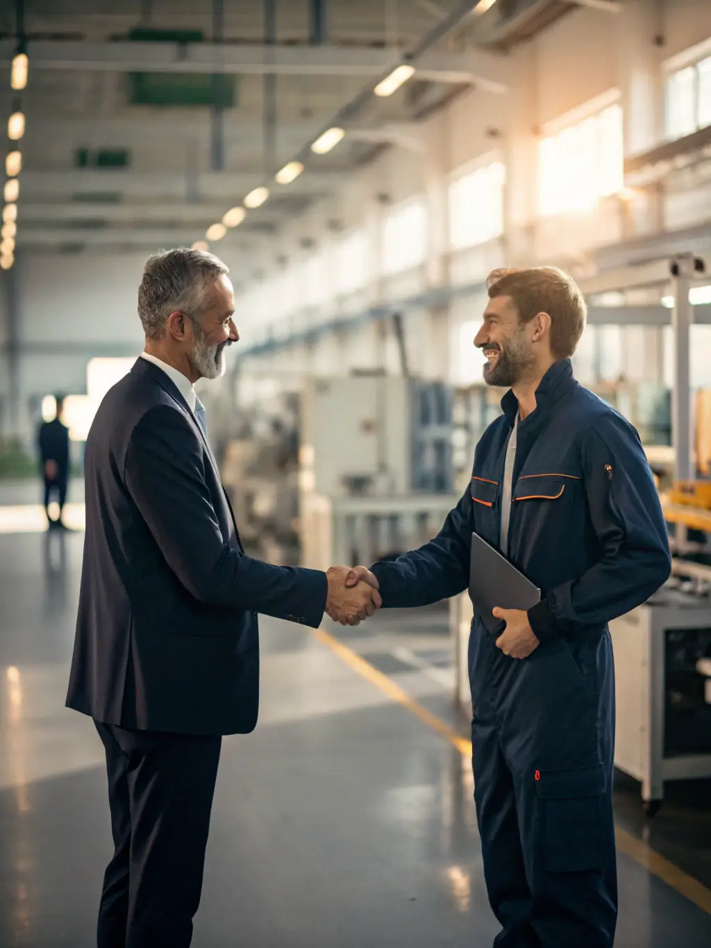 A consultant in a suit, smiling and shaking hands with a manufacturing client in a factory setting, symbolizing the start of a strategic advisory partnership.