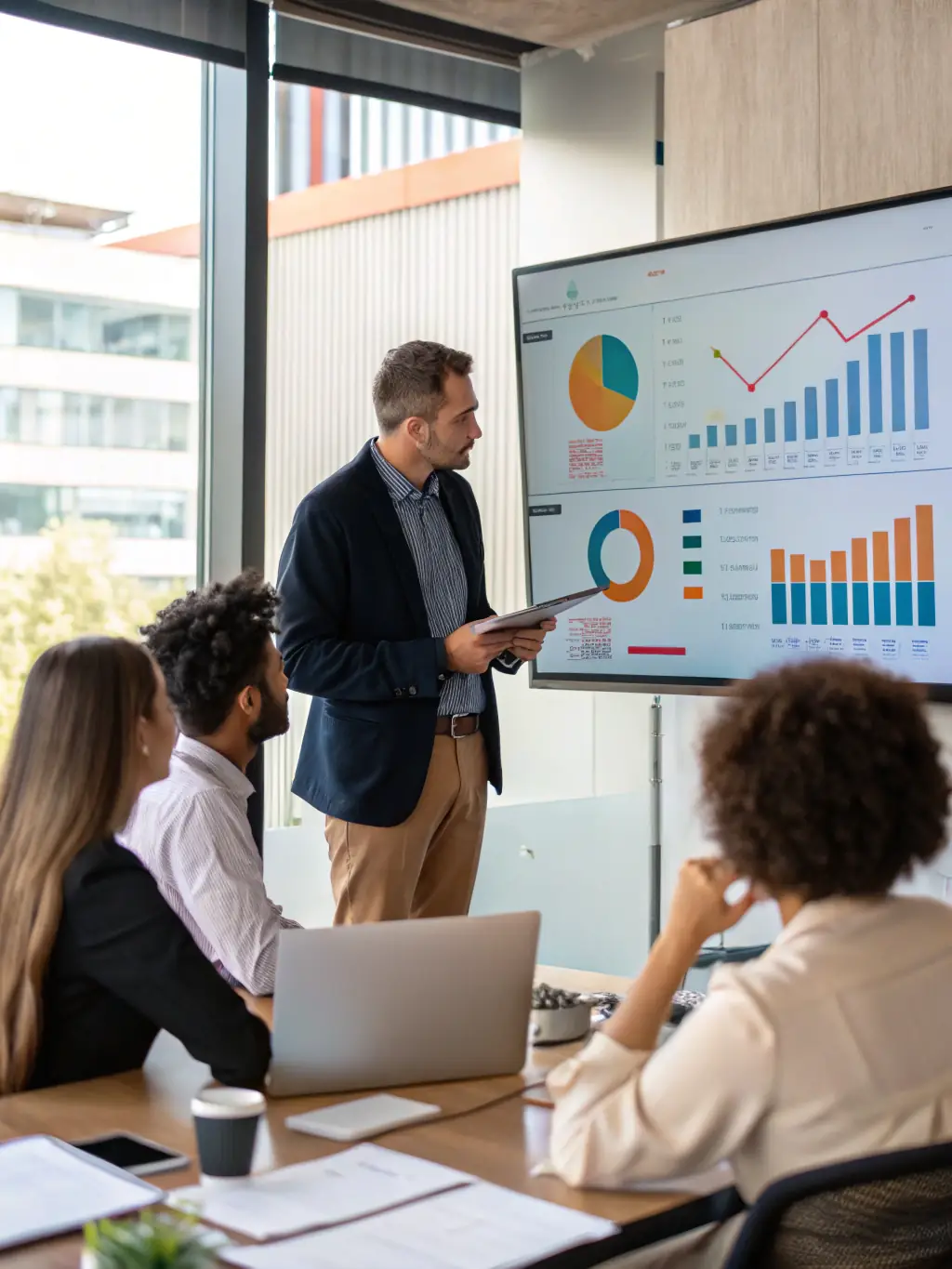 A consultant presenting a performance benchmarking report to a client in a conference room, highlighting key performance indicators.