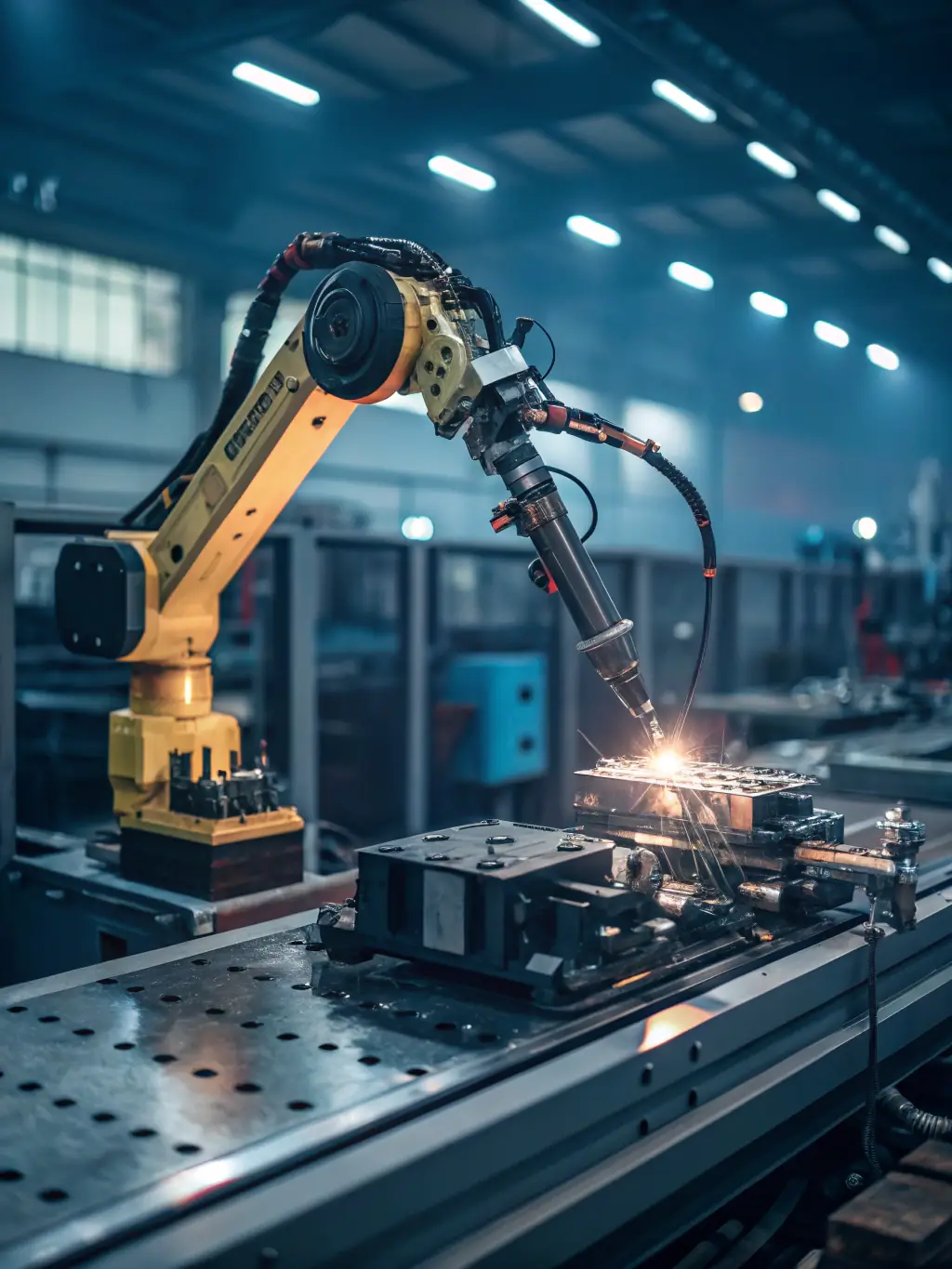 A high-angle shot of a modern automotive assembly line with robotic arms welding car frames, showcasing advanced manufacturing technology.