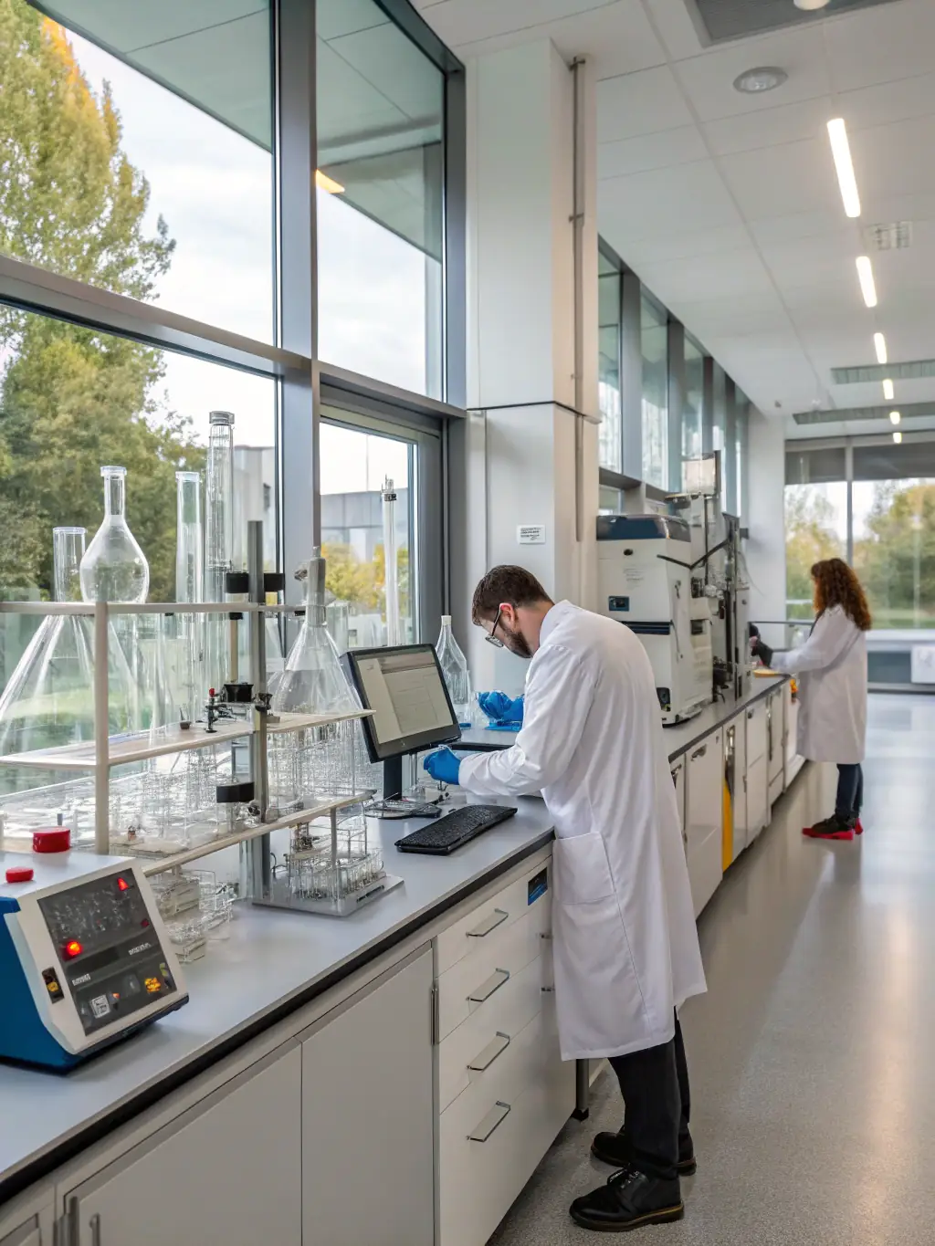 A medium shot of a pharmaceutical research lab with scientists in lab coats working with advanced equipment, highlighting innovation and precision.