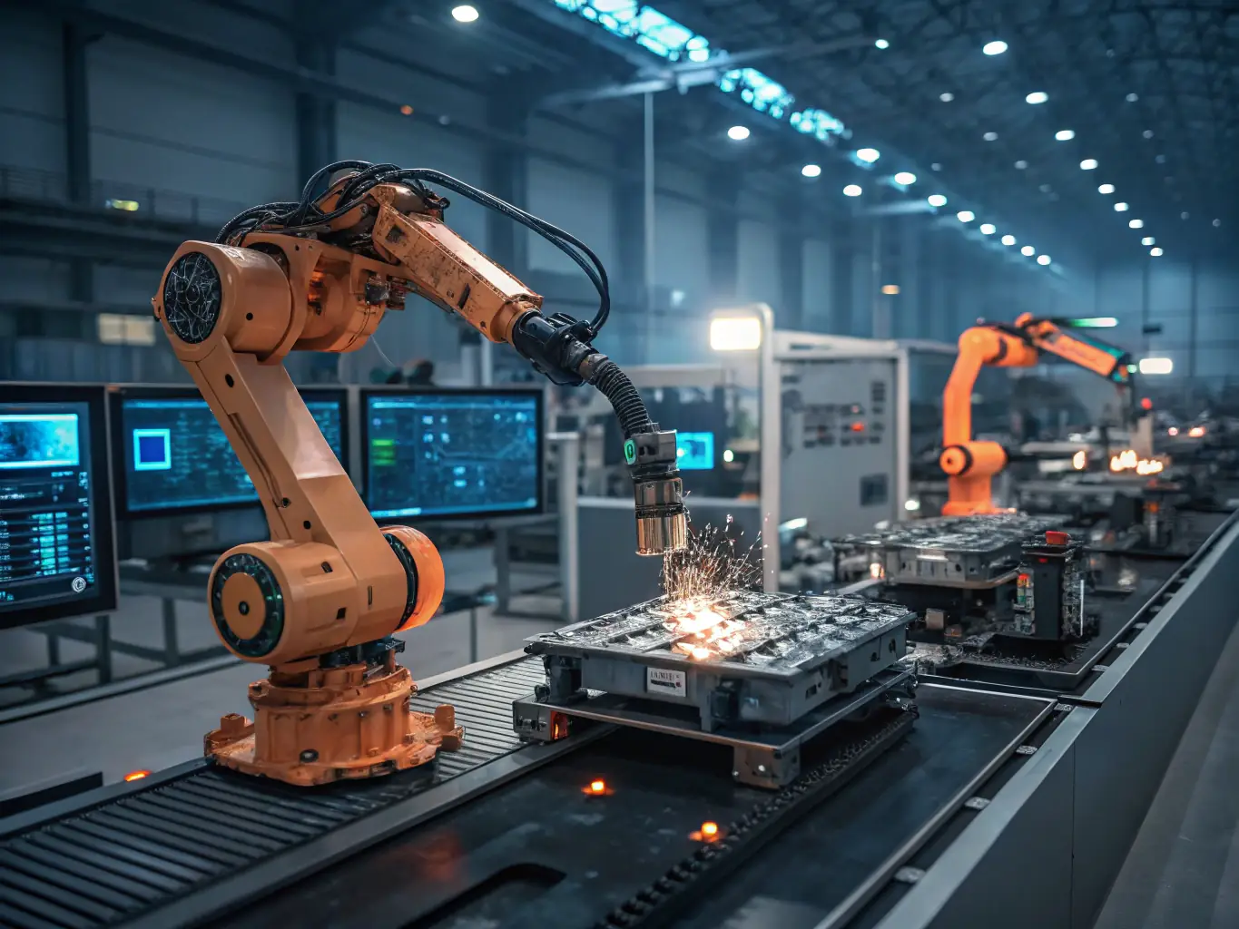 A futuristic factory floor with robots working alongside humans, showcasing the integration of digital technologies in manufacturing.