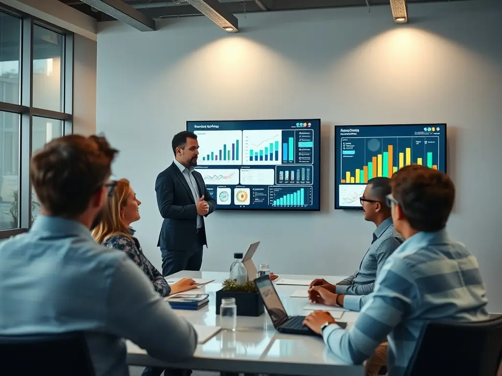A consultant in a meeting room, pointing at a digital dashboard displaying key performance indicators for a manufacturing plant, surrounded by team members.